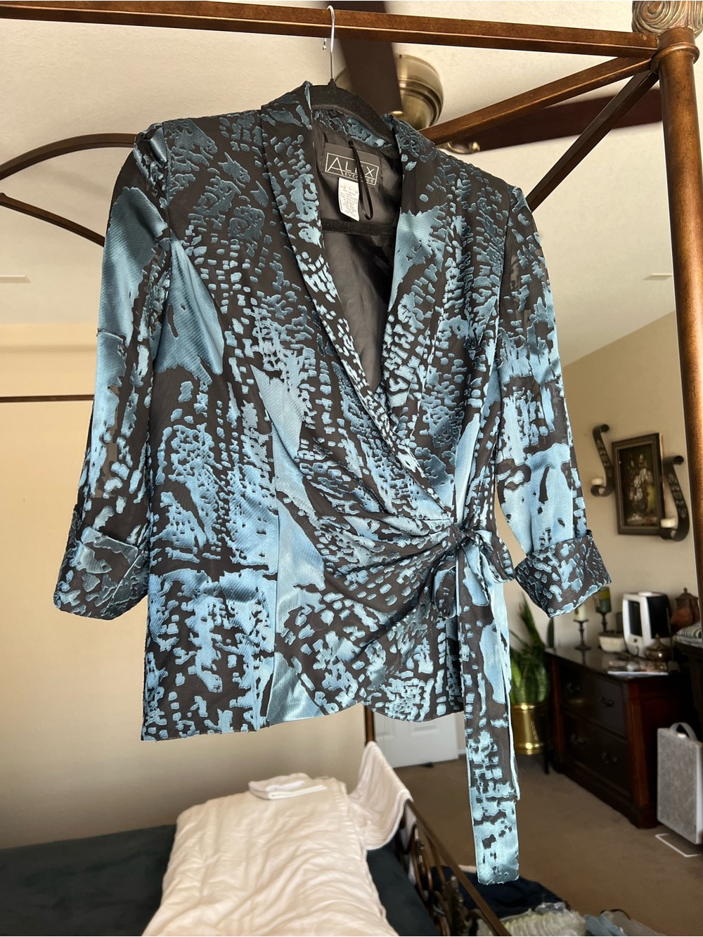 Alex Evenings Wrap Jacket in Teal & Black